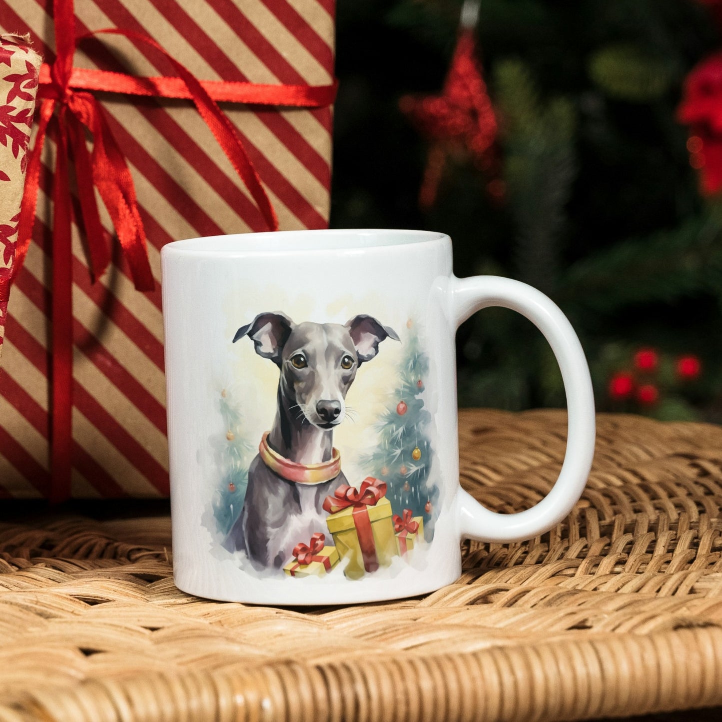 Windhund-Weihnachts-Tasse "Merry Woofmas"