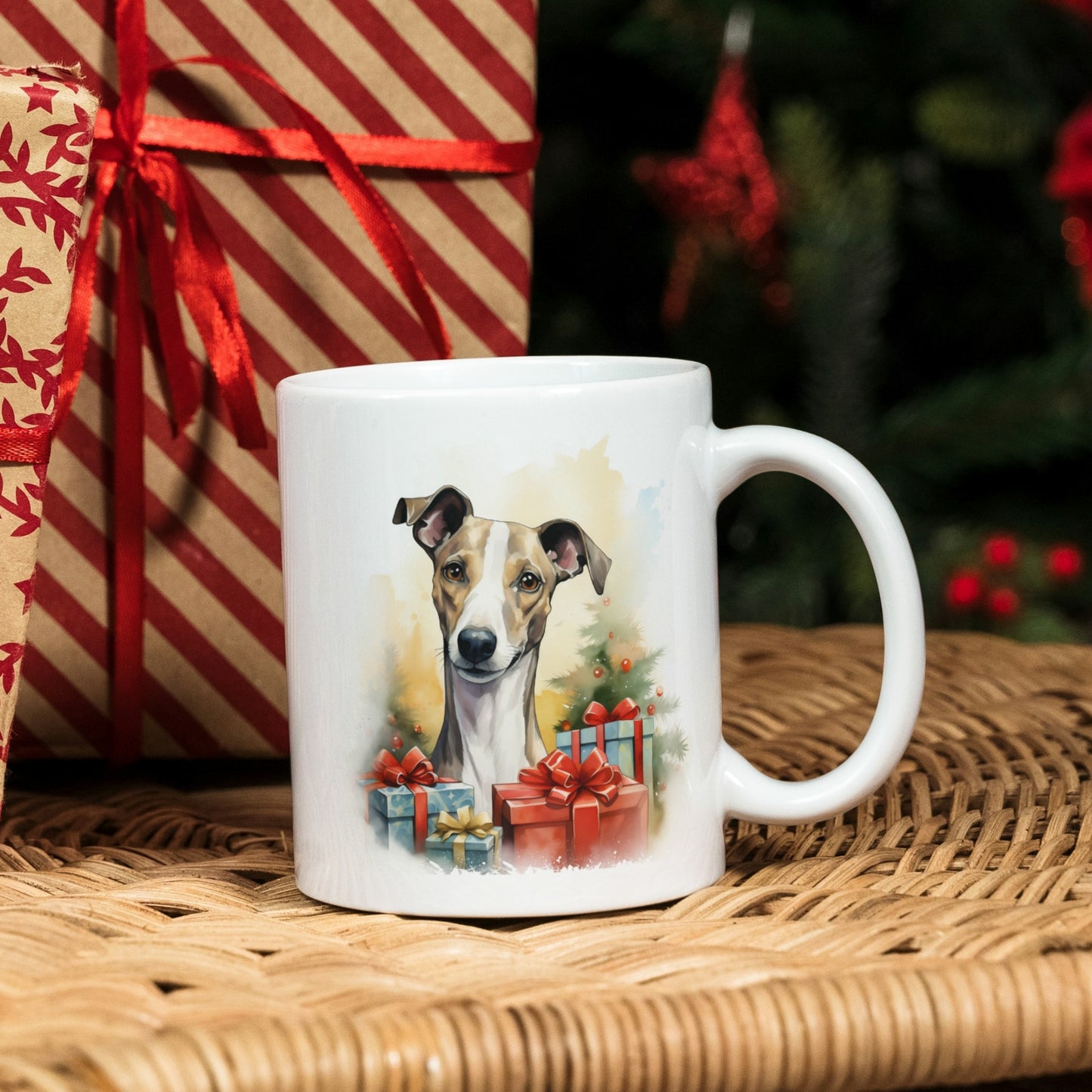 Windhund-Weihnachts-Tasse "Merry Woofmas"