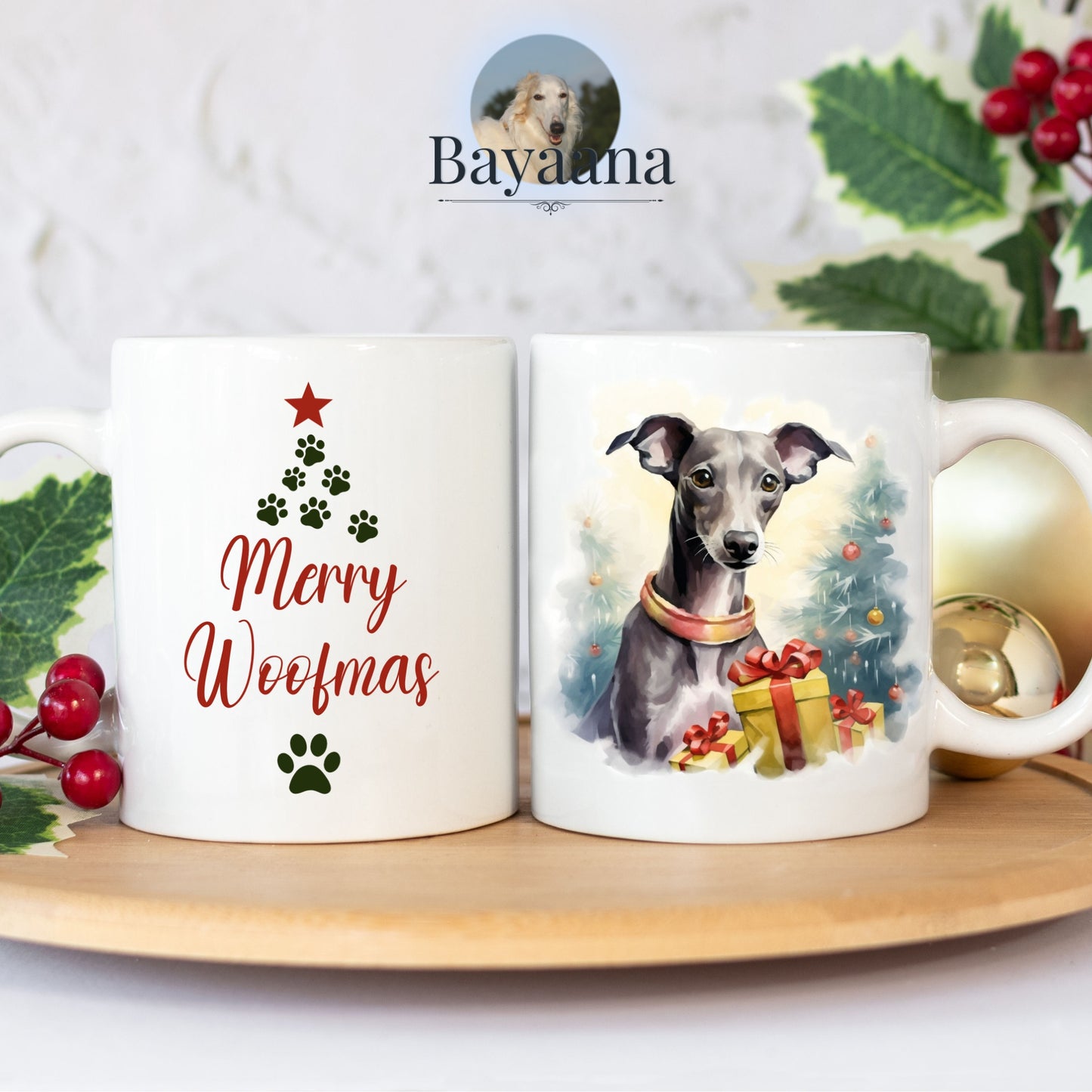 Windhund-Weihnachts-Tasse "Merry Woofmas"