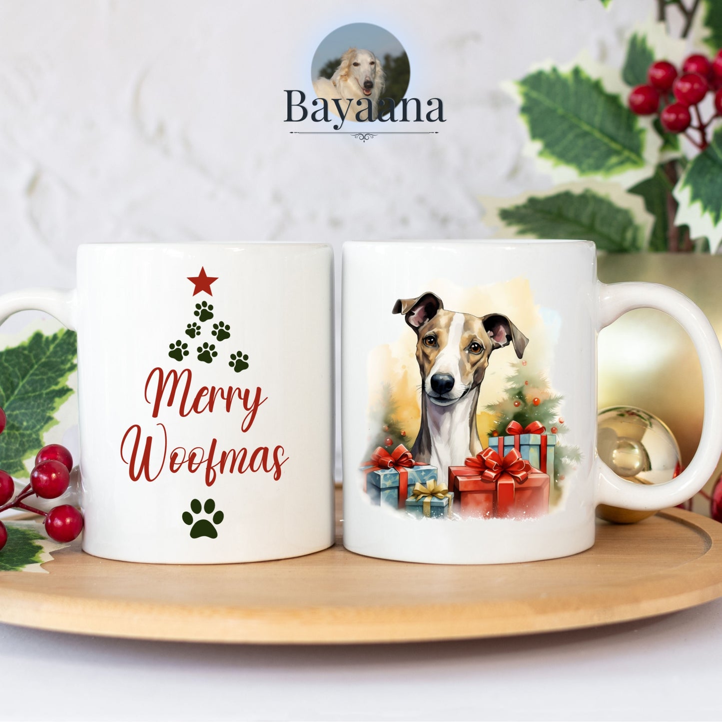 Windhund-Weihnachts-Tasse "Merry Woofmas"